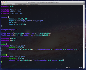 A screenshot of MacVim on Mac OS 10.7 editing some Voro++ POV-Ray files